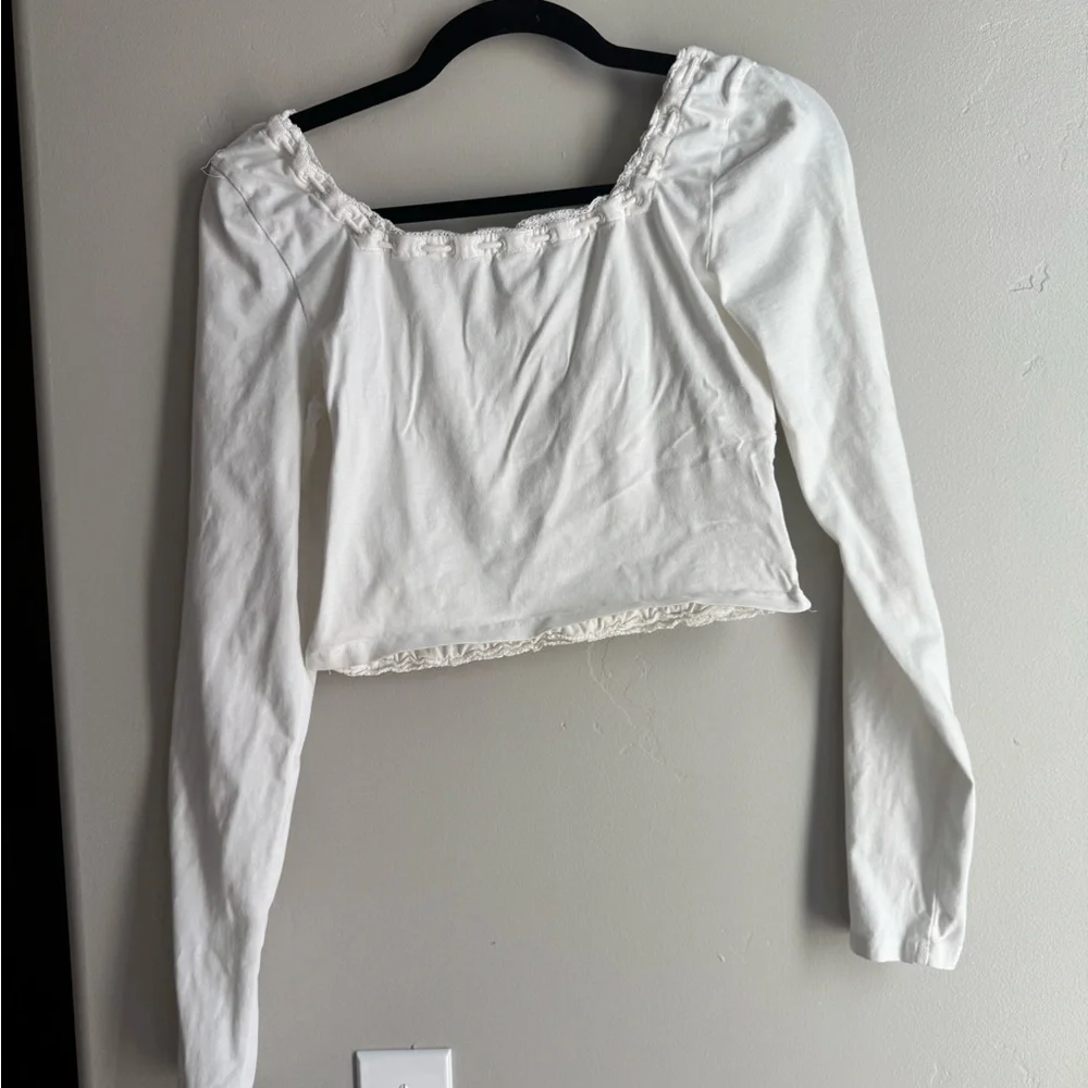 Free People White Boho Peasant Top Lace Trim Long Sleeve Crop Blouse Romantic S